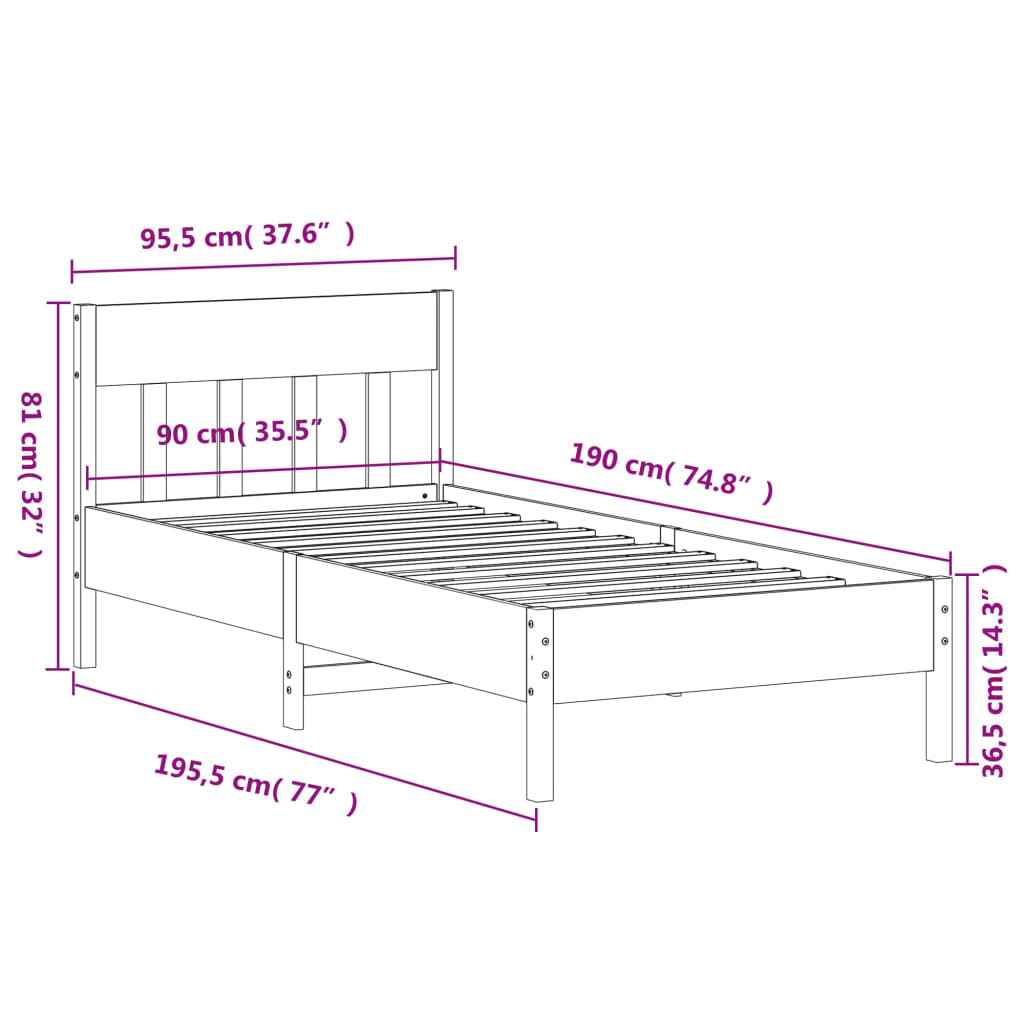 vidaXL Massivholzbett mit Kopfteil Wachsbraun 90x190 cm Kiefer