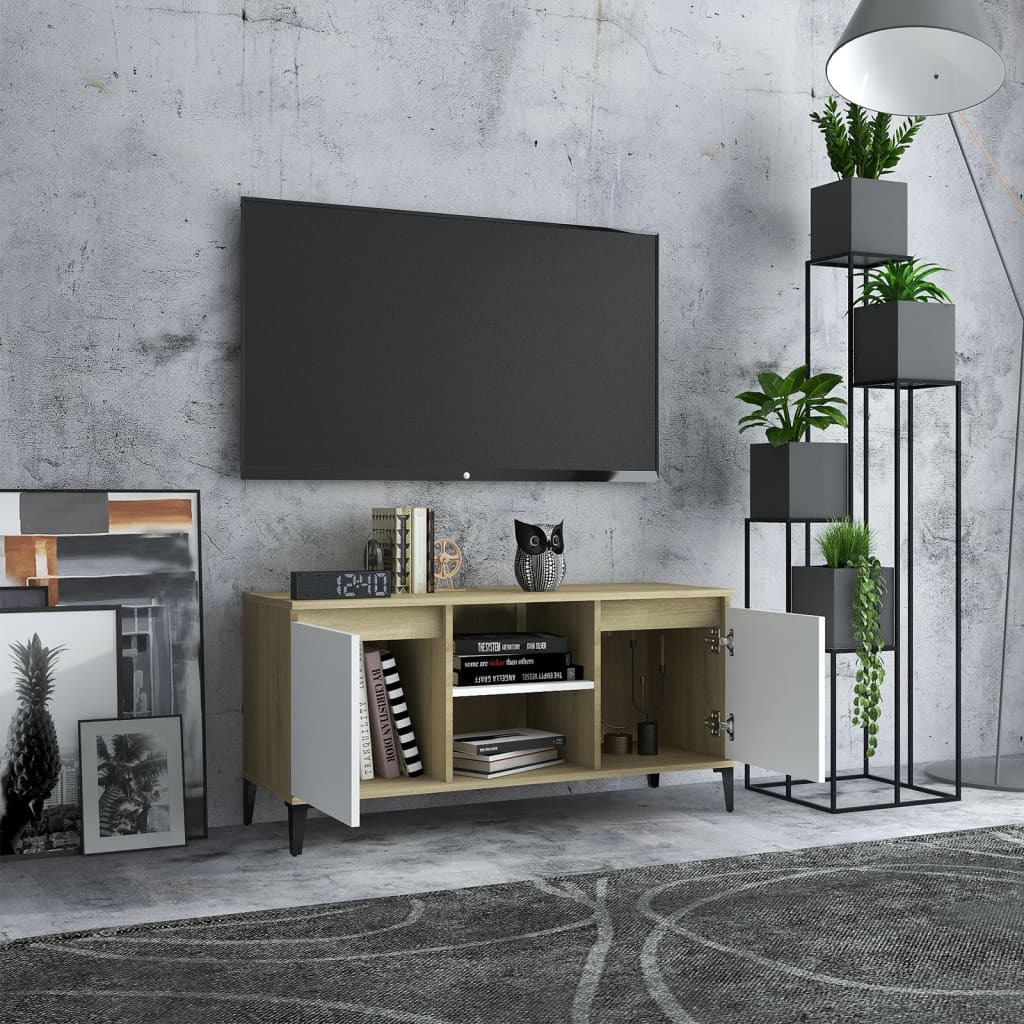vidaXL TV-Schrank mit Metallbeinen Weiß Sonoma-Eiche 103,5x35x50 cm