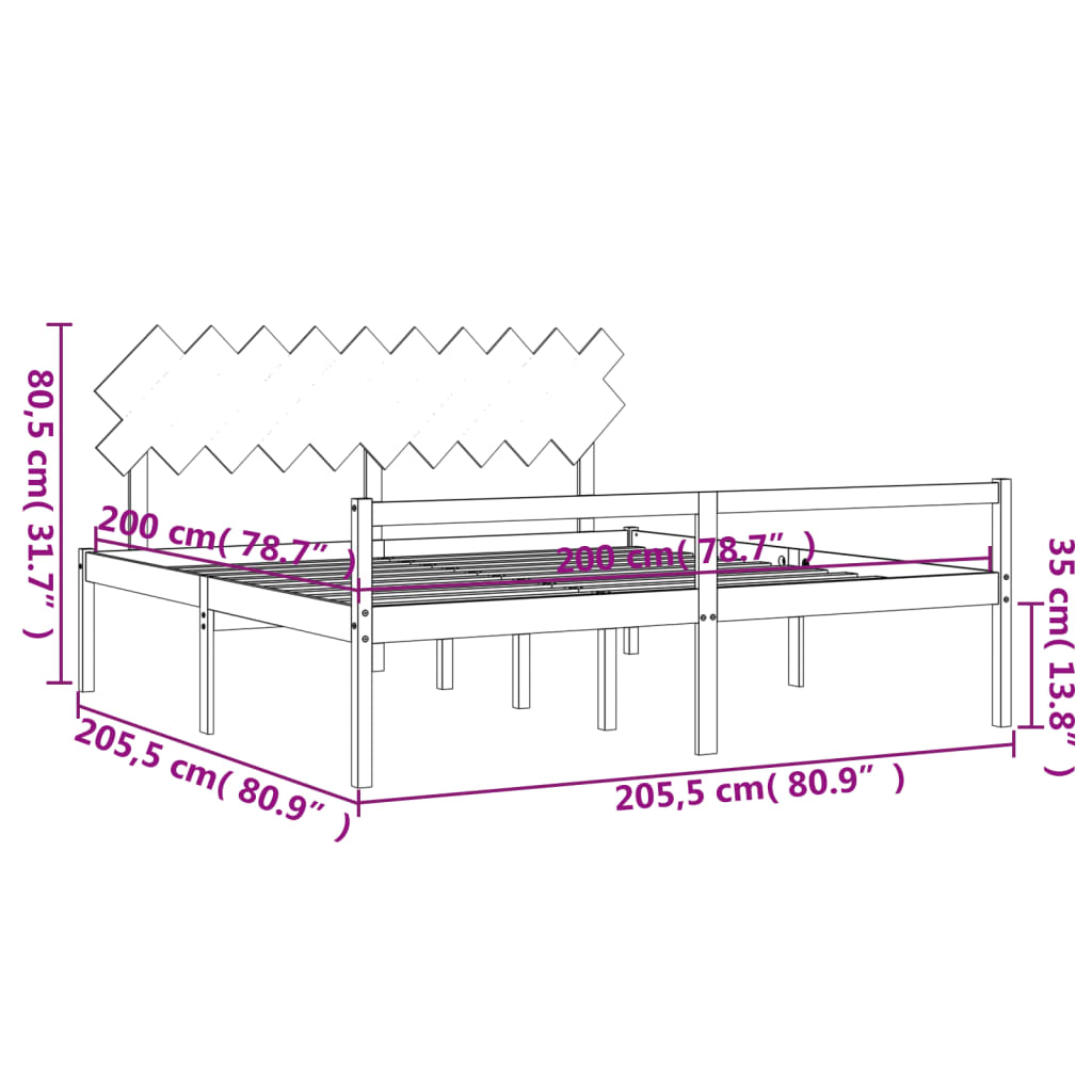 vidaXL Seniorenbett mit Kopfteil 200x200 cm Schwarz Massivholz