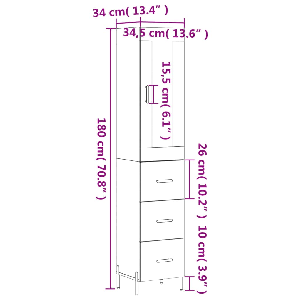 vidaXL Highboard Betongrau 34,5x34x180 cm Holzwerkstoff