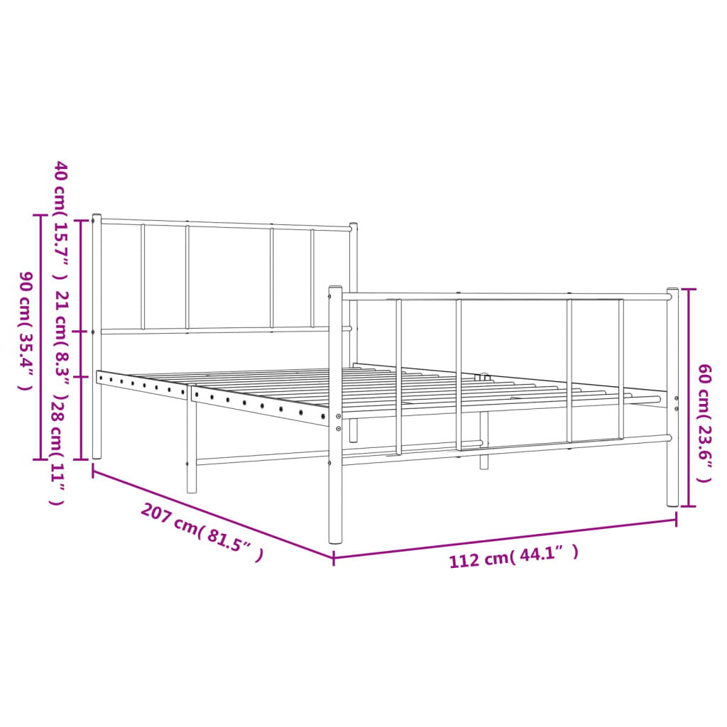 vidaXL Bettgestell mit Kopf- und Fußteil Metall Weiß 107x203 cm