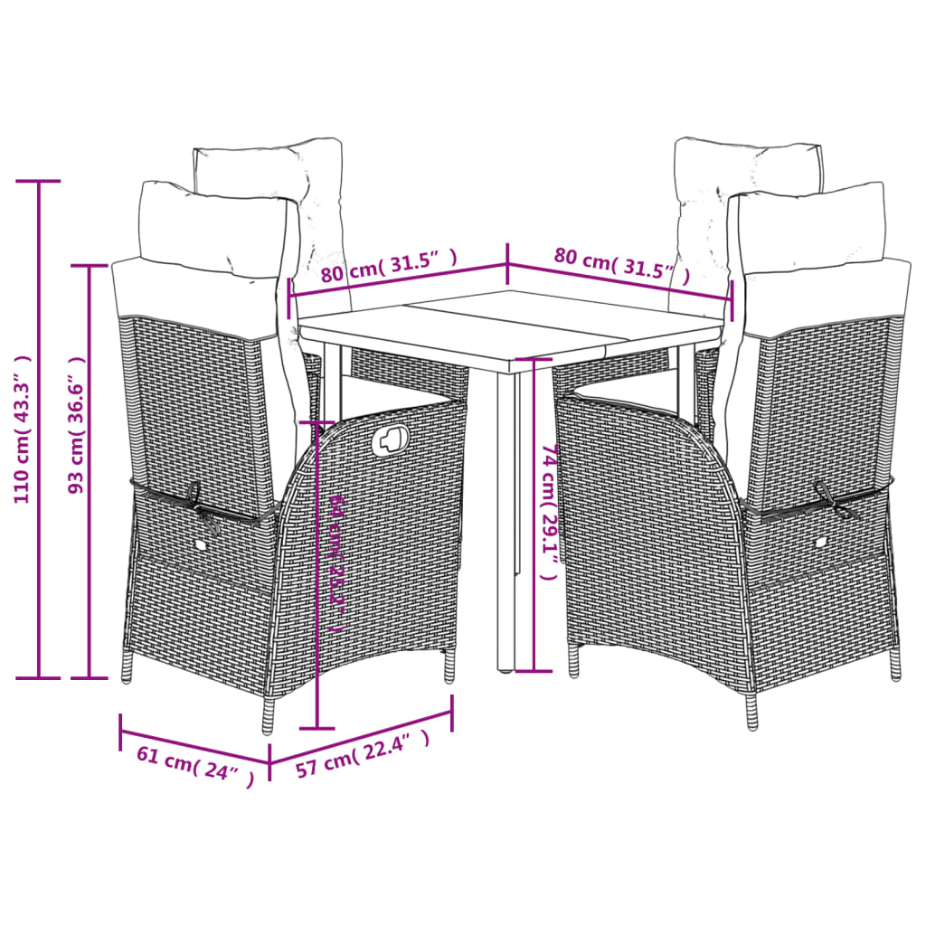 vidaXL 5-tlg. Garten-Essgruppe mit Kissen Grau Poly Rattan