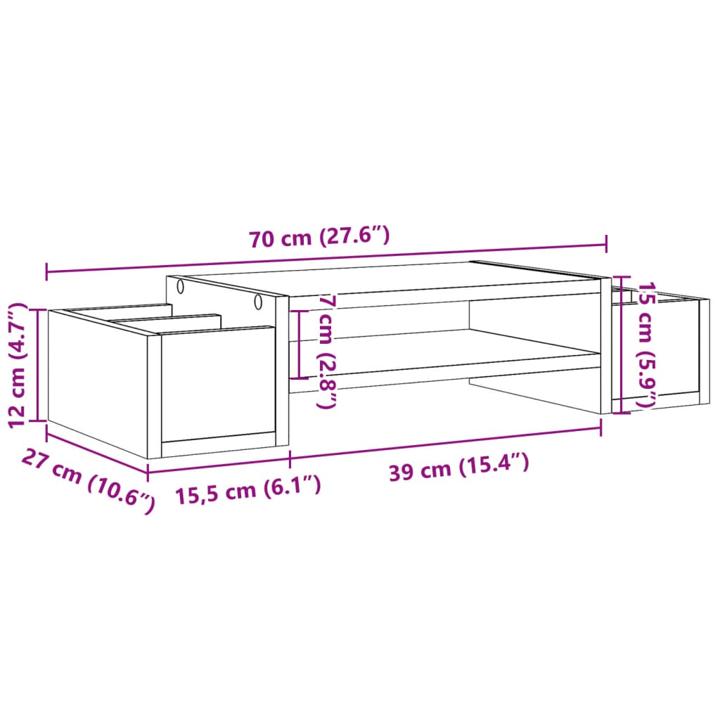 vidaXL Monitorständer mit Stauraum Räuchereiche 70x27x15 Holzwerkstoff