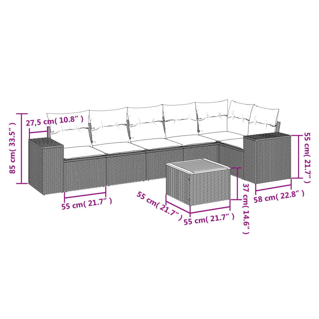 vidaXL 7-tlg. Garten-Sofagarnitur mit Kissen Schwarz Poly Rattan