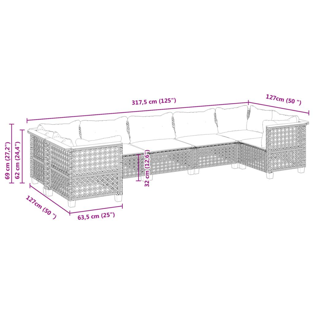 vidaXL 7-tlg. Garten-Sofagarnitur mit Kissen Schwarz Poly Rattan