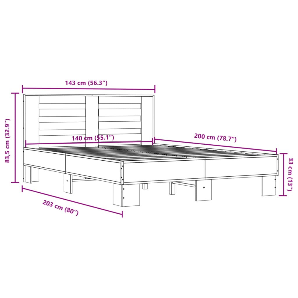 vidaXL Bettgestell Braun Eichen-Optik 140x200 cm Holzwerkstoff Metall