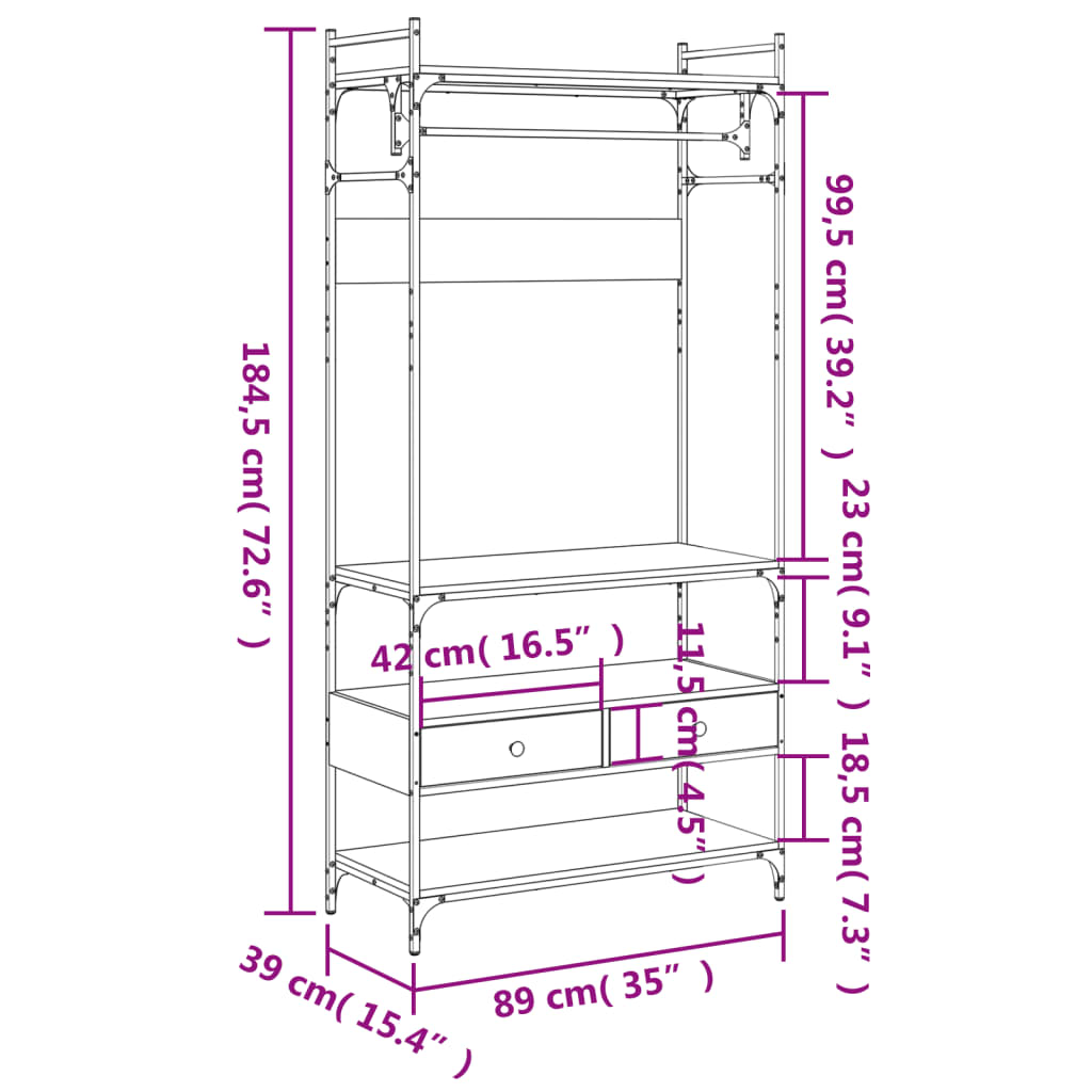 vidaXL Kleiderständer mit Schubladen Sonoma-Eiche 89x39x184,5 cm