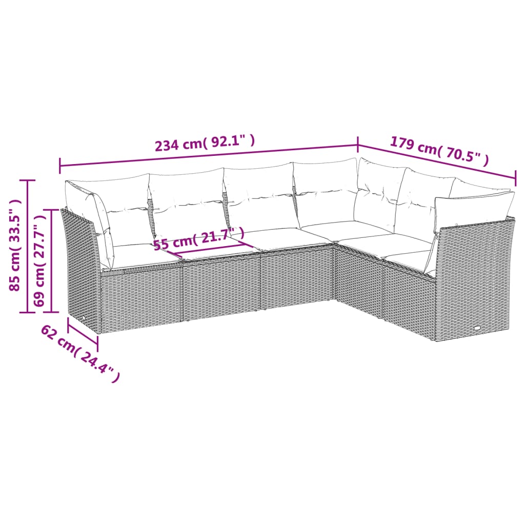 vidaXL 6-tlg. Garten-Sofagarnitur mit Kissen Schwarz Poly Rattan