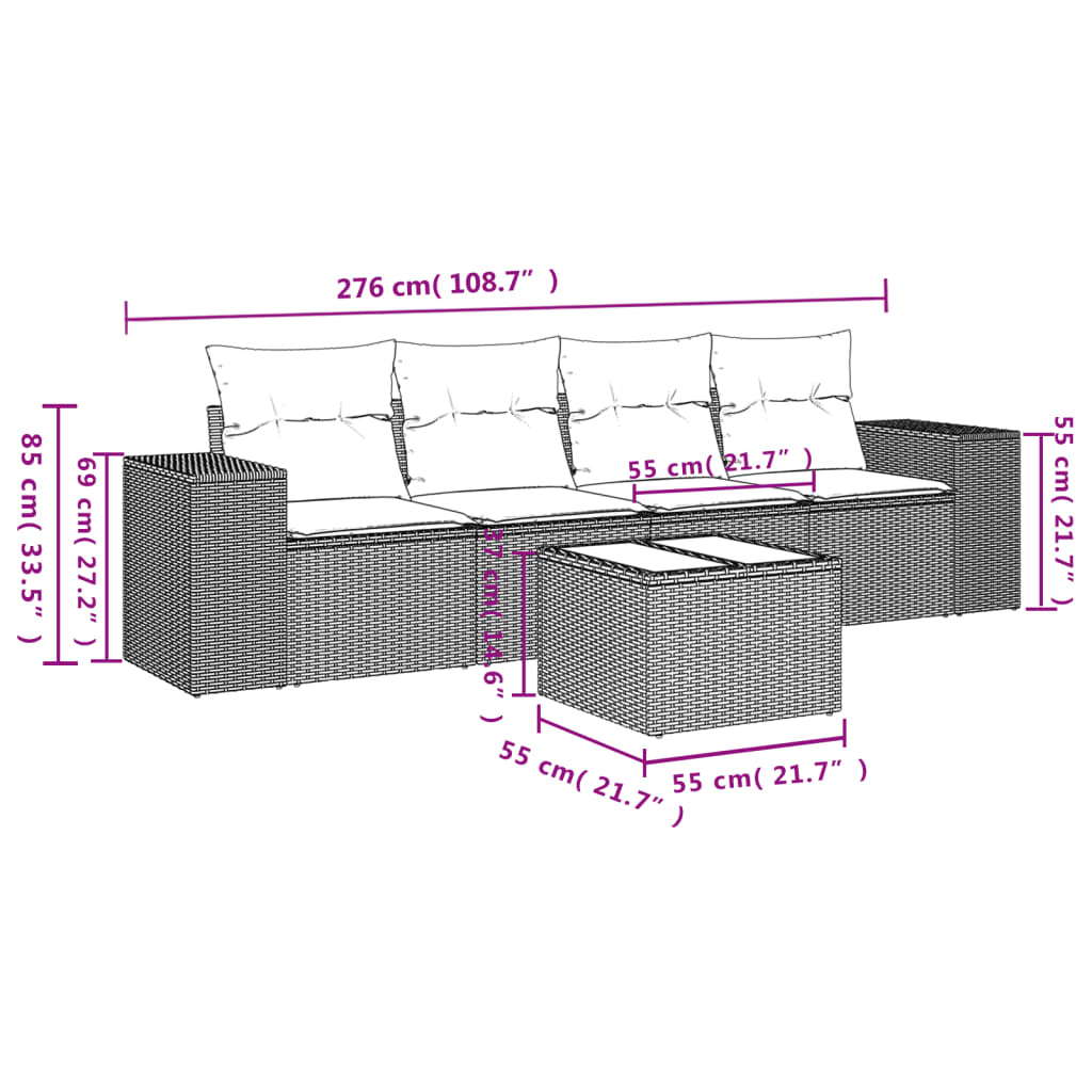 vidaXL 5-tlg. Garten-Sofagarnitur mit Kissen Beige Poly Rattan