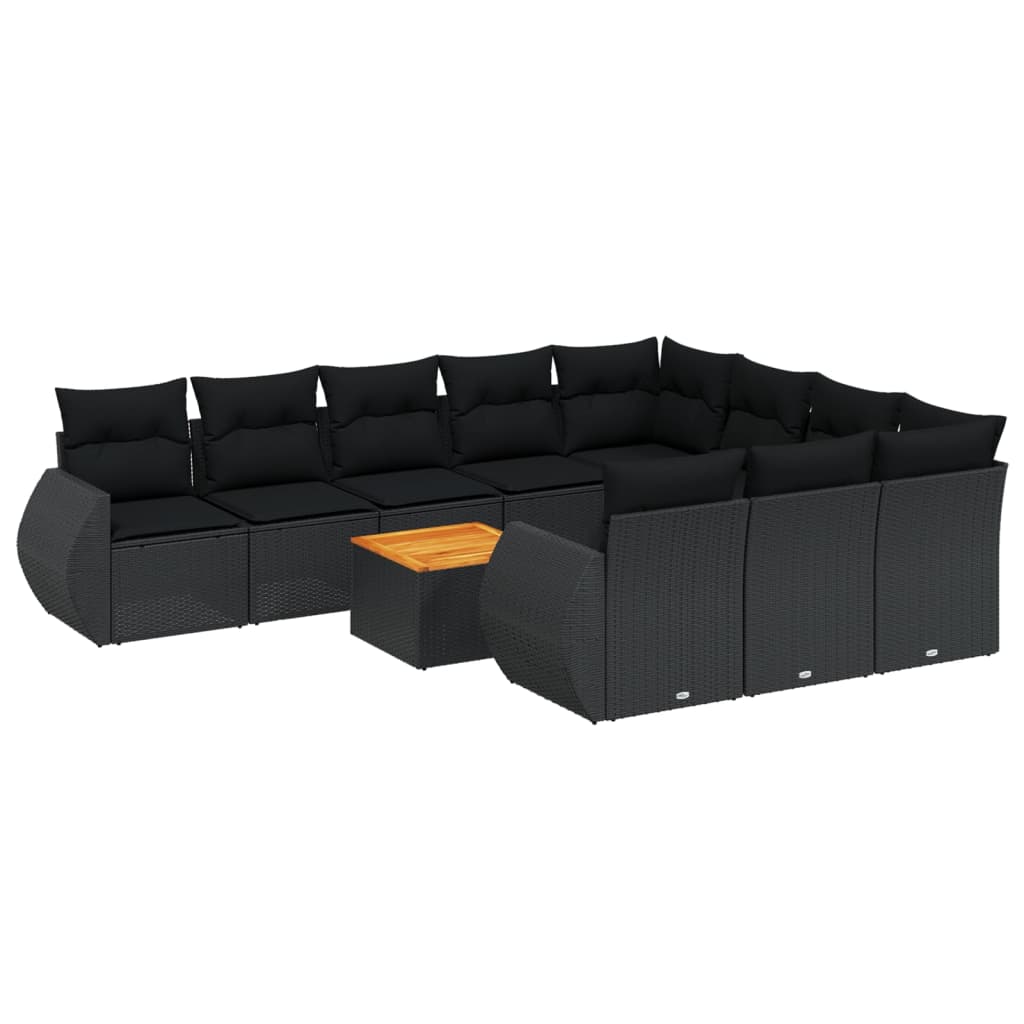 vidaXL 11-tlg. Garten-Sofagarnitur mit Kissen Schwarz Poly Rattan