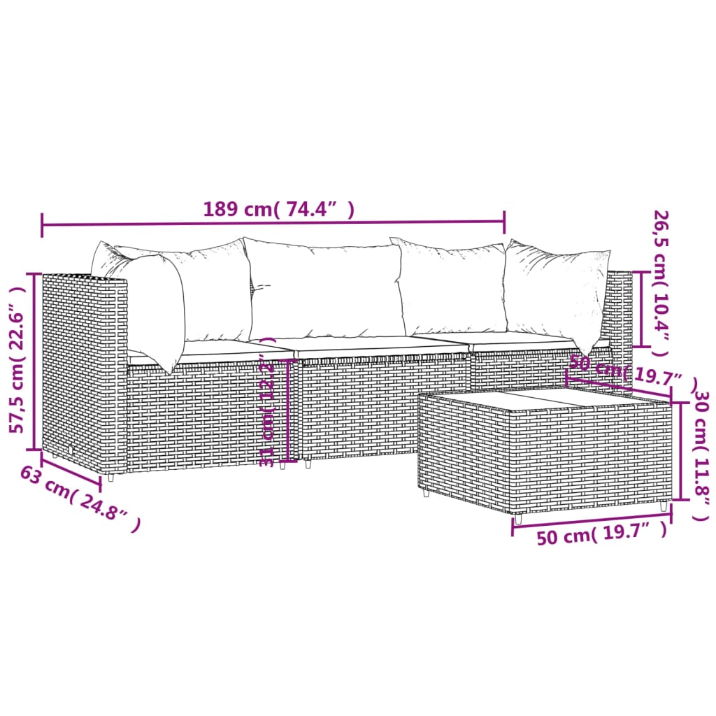 vidaXL 4-tlg. Garten-Lounge-Set mit Kissen Grau Poly Rattan