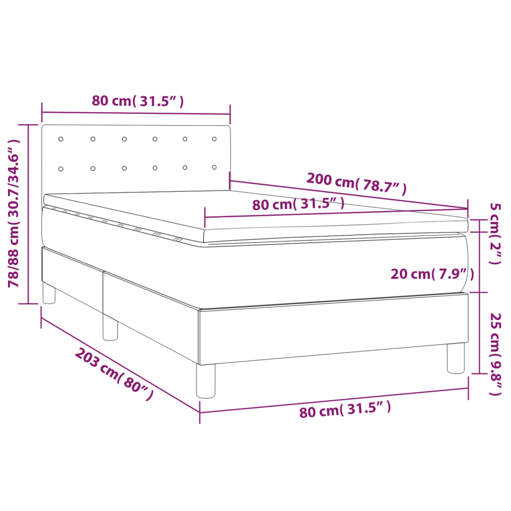 vidaXL Boxspringbett mit Matratze Dunkelgrau 80x200 cm Samt