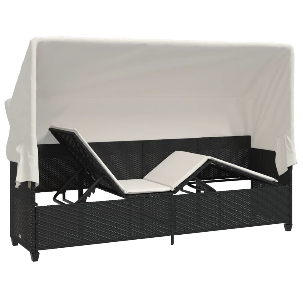 vidaXL Sonnenliege mit Dach und Kissen Schwarz Poly Rattan