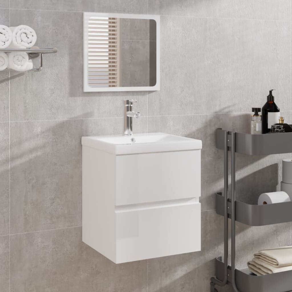 vidaXL Waschbeckenunterschrank mit Waschbecken Spiegel Hochglanz-Weiß