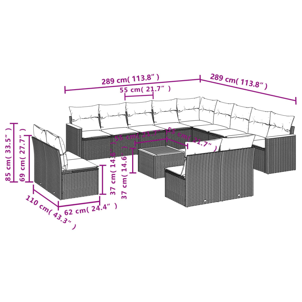 vidaXL 14-tlg. Garten-Sofagarnitur mit Kissen Grau Poly Rattan