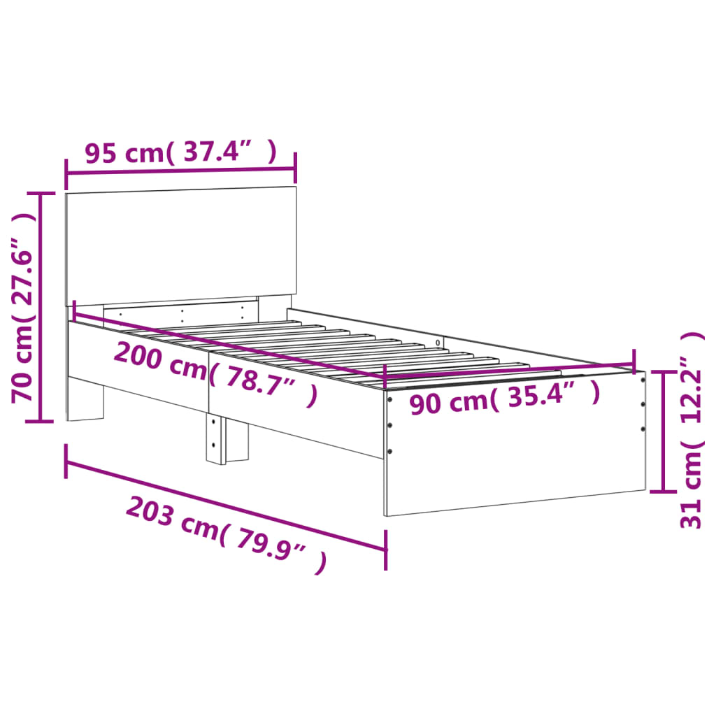 vidaXL Bettgestell mit Kopfteil und LED-Leuchten Grau Sonoma 90x200 cm