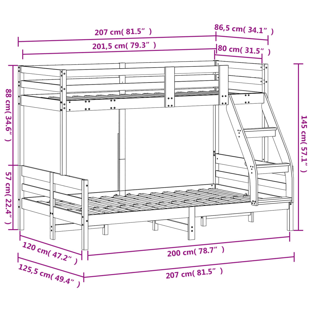 vidaXL Etagenbett 80x200/120x200 cm Massivholz Kiefer