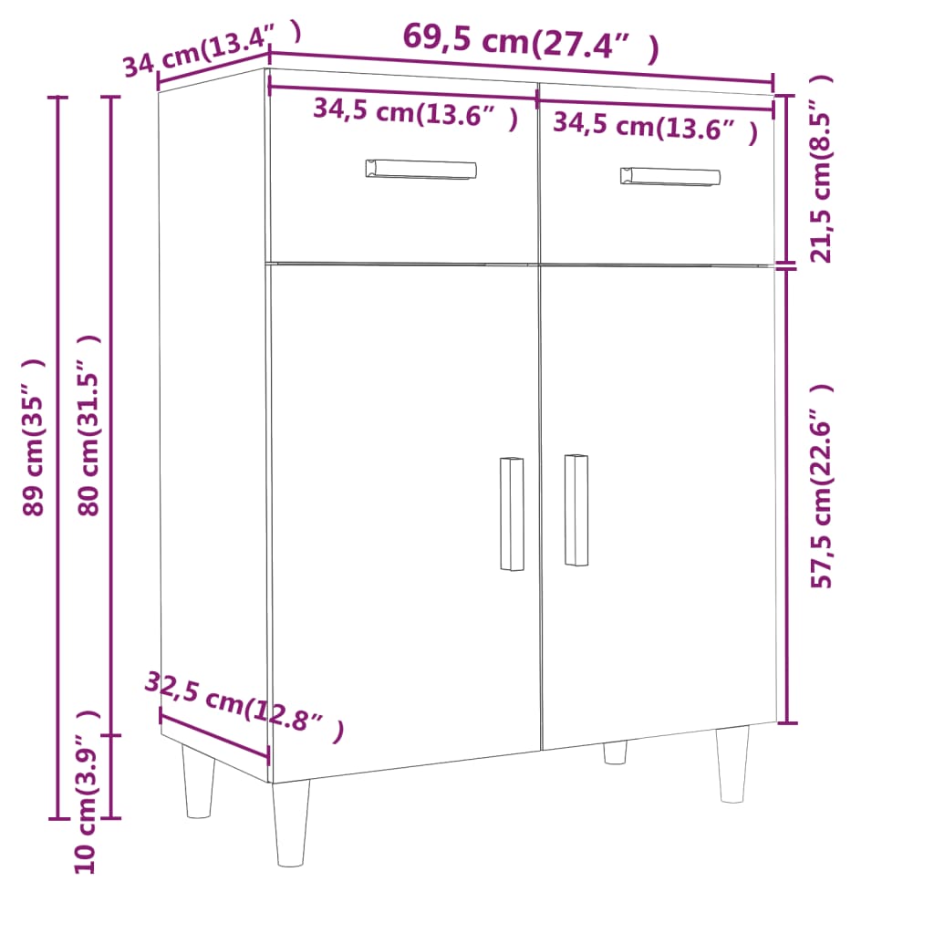 vidaXL Sideboard Hochglanz-Weiß 69,5x34x89 cm Holzwerkstoff