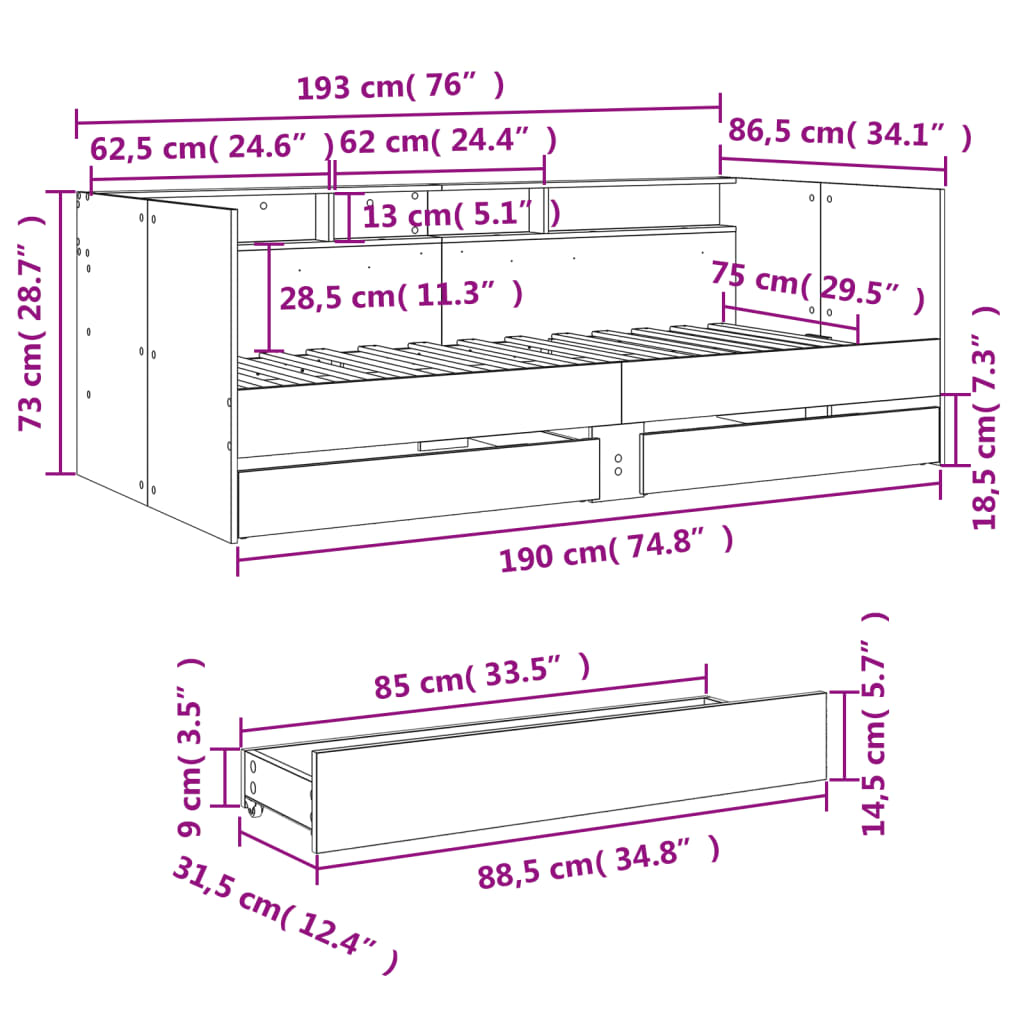 vidaXL Tagesbett mit Schubladen Sonoma-Eiche 75x190 cm Holzwerkstoff
