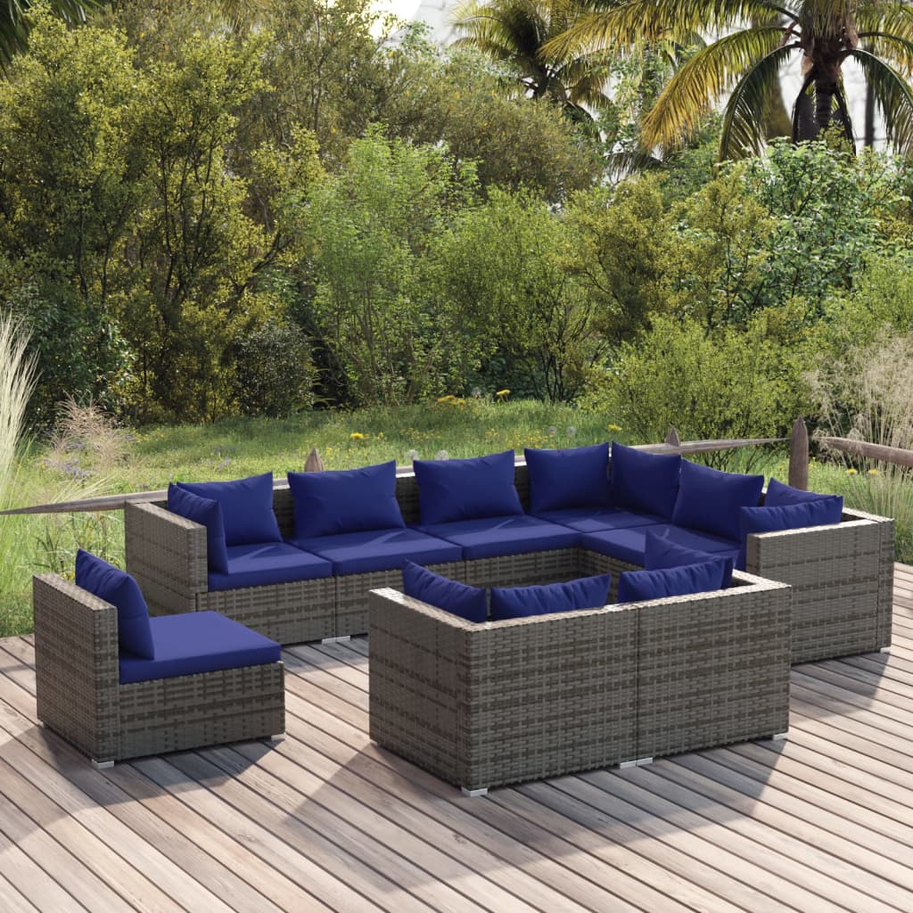 vidaXL 9-tlg. Garten-Lounge-Set mit Kissen Poly Rattan Grau