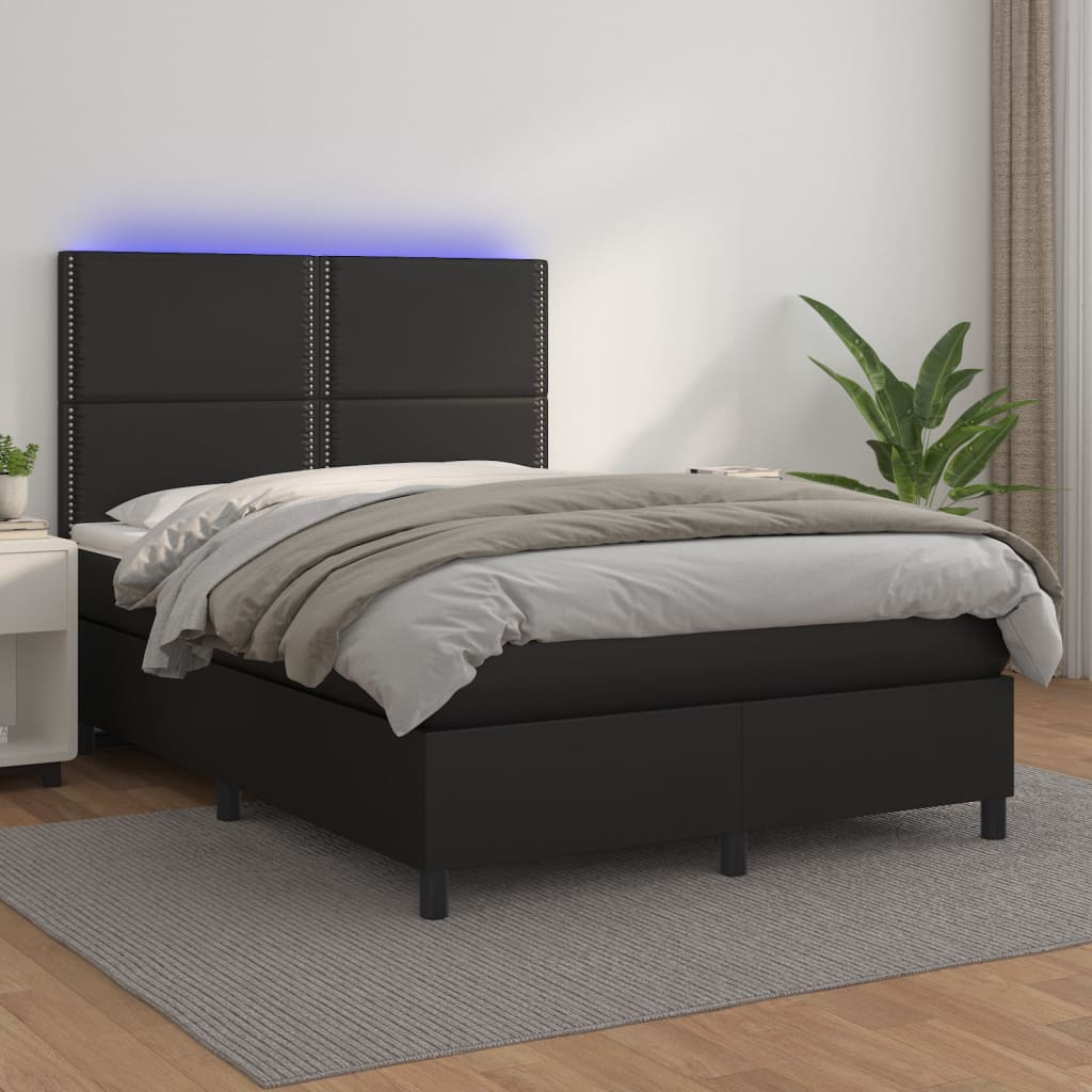 vidaXL Boxspringbett mit Matratze & LED Schwarz 140x200 cm Kunstleder