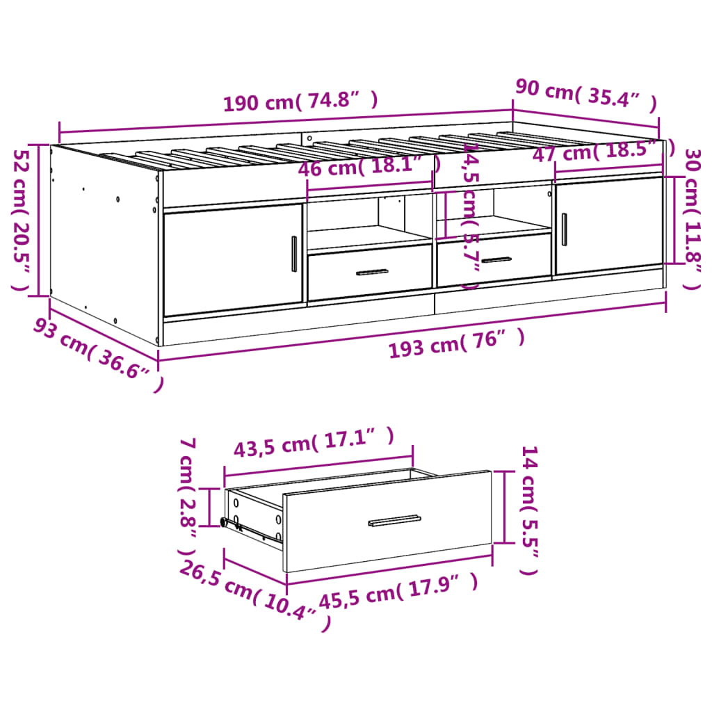 vidaXL Tagesbett mit Schubladen ohne Matratze 90x190 cm