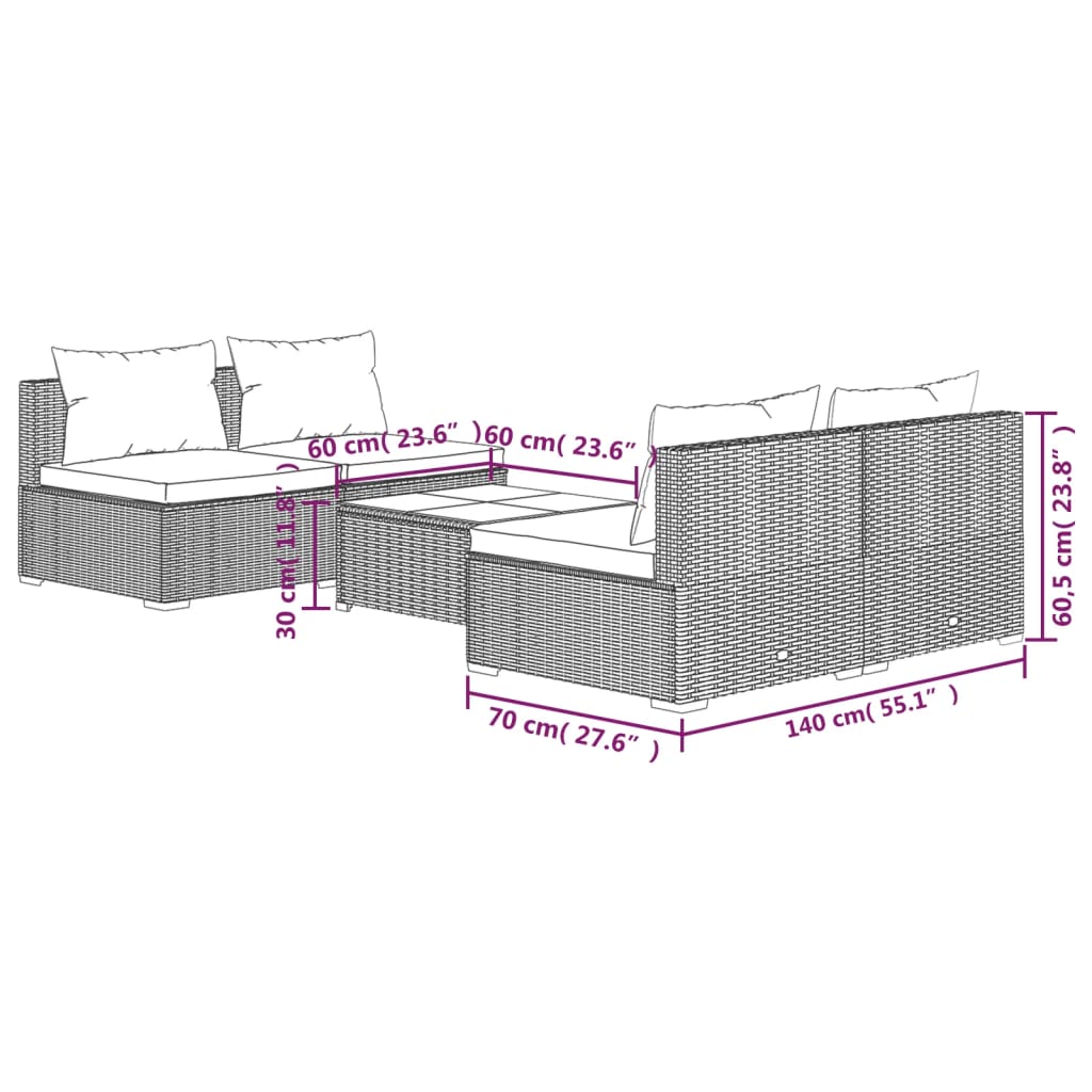 vidaXL 5-tlg. Garten-Lounge-Set mit Kissen Poly Rattan Braun