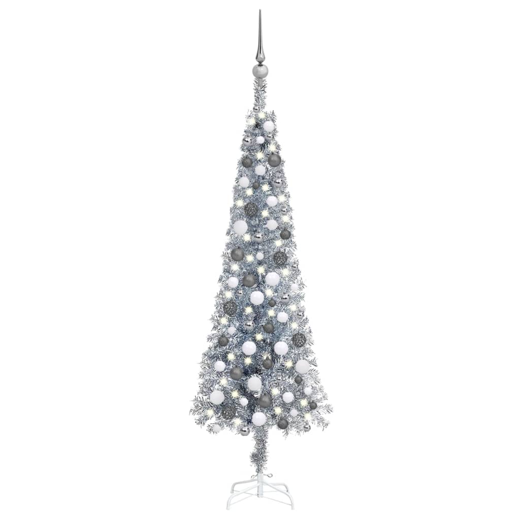 vidaXL Schlanker Weihnachtsbaum mit LEDs & Kugeln Silbern 150 cm