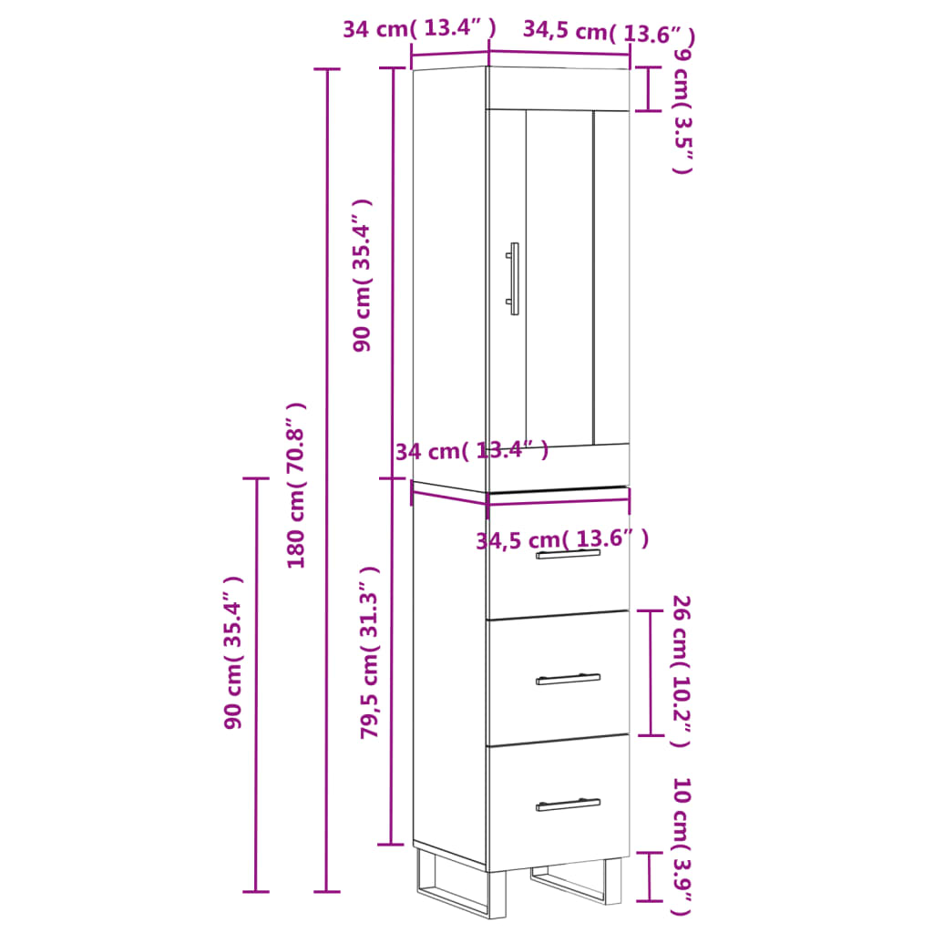 vidaXL Highboard Grau Sonoma 34,5x34x180 cm Holzwerkstoff