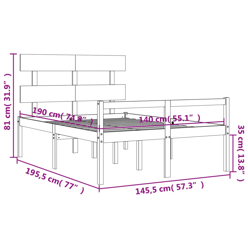 vidaXL Seniorenbett mit Kopfteil 140x190 cm Grau Massivholz