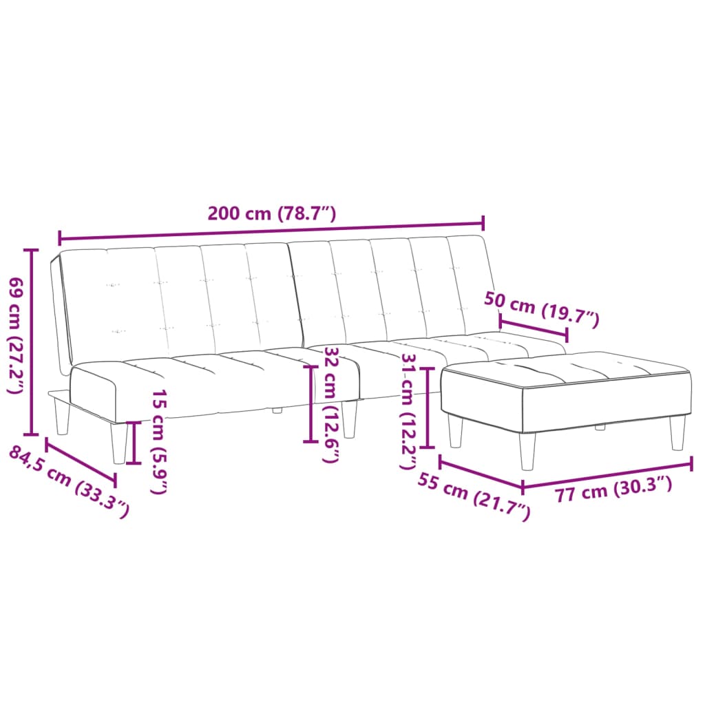 vidaXL Schlafsofa 2-Sitzer mit Fußhocker Hellgrau Samt