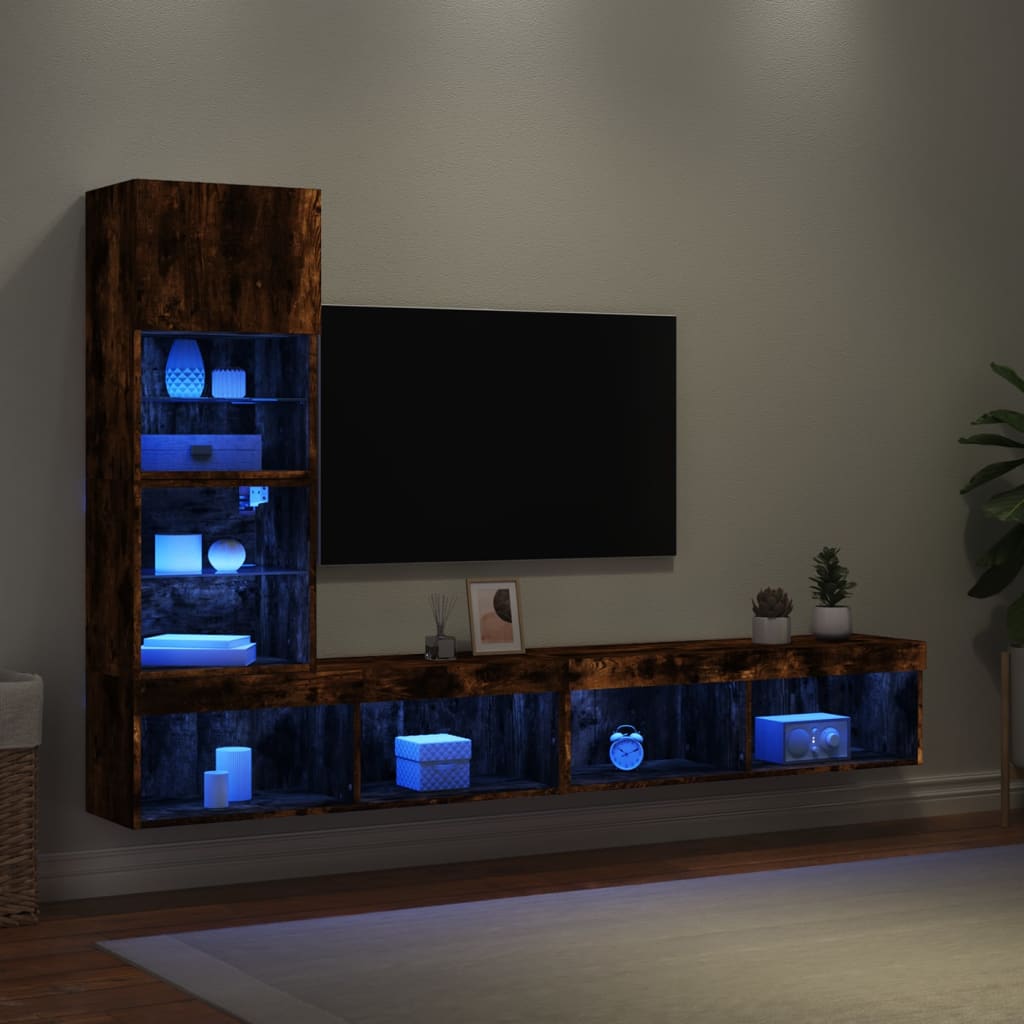 vidaXL 4-tlg. Wohnwand mit LED-Beleuchtung Räuchereiche Holzwerkstoff