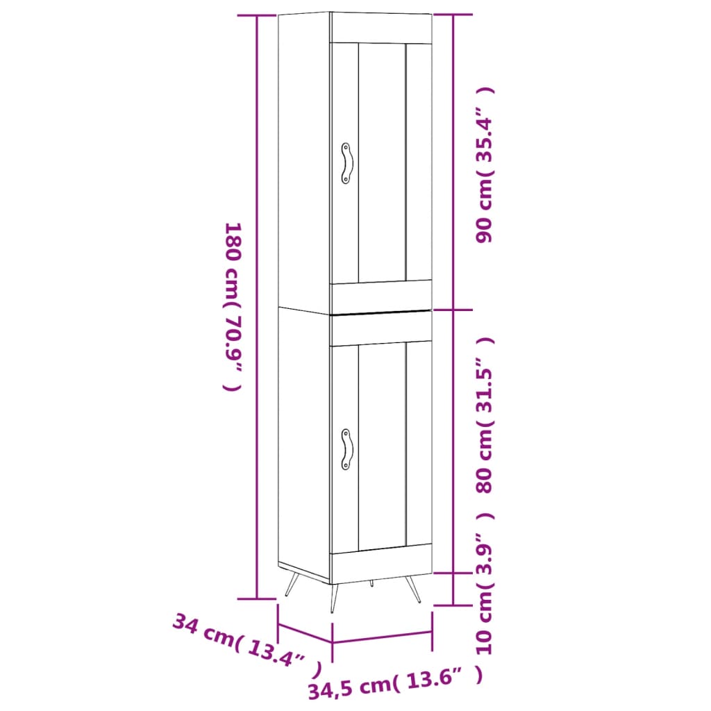 vidaXL Highboard Braun Eichen-Optik 34,5x34x180 cm Holzwerkstoff