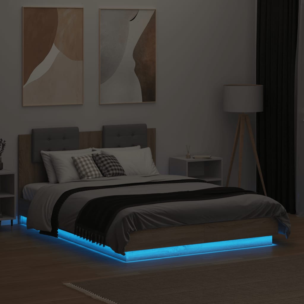vidaXL Bettgestell mit Kopfteil & LED-Leuchten Sonoma-Eiche 135x190cm