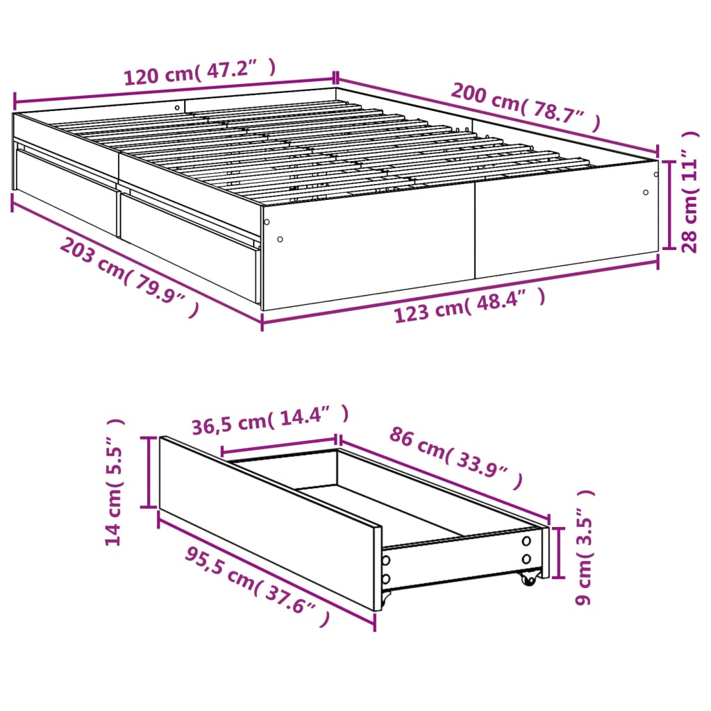 vidaXL Bettgestell mit Schubladen Grau Sonoma 120x200 cm Holzwerkstoff