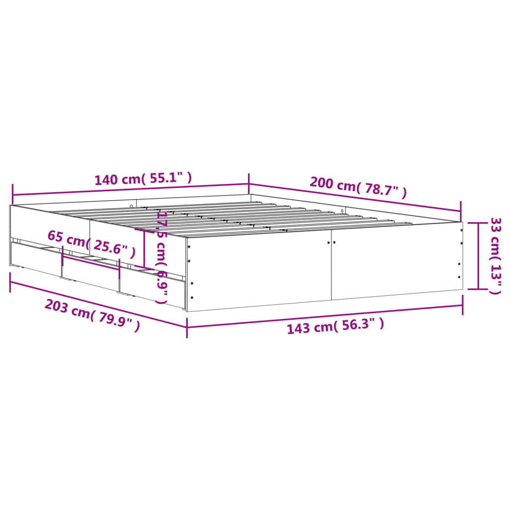 vidaXL Bettgestell mit Schubladen Grau Sonoma 140x200 cm Holzwerkstoff