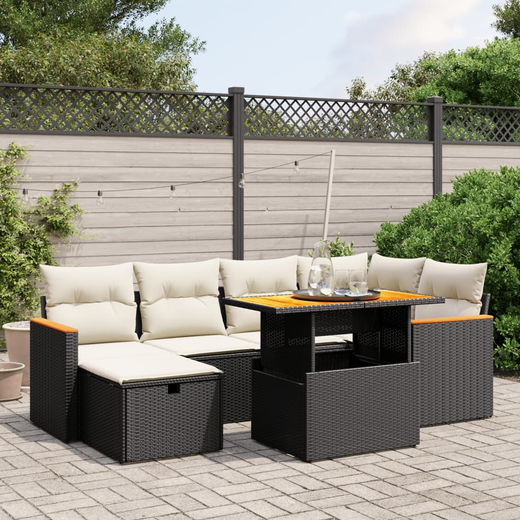 vidaXL 7-tlg. Garten-Sofagarnitur mit Kissen Schwarz Poly Rattan