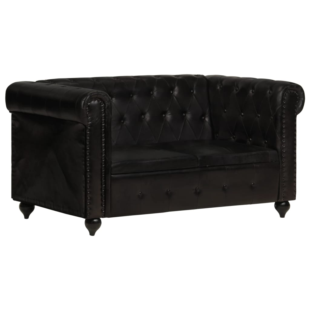 vidaXL Chesterfield-Sofa 2-Sitzer Schwarz Echtleder