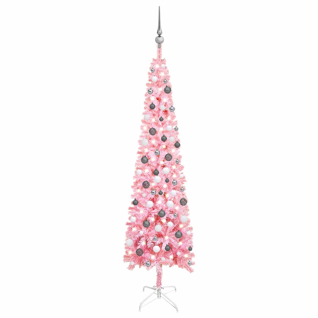 vidaXL Weihnachtsbaum Schlank mit Beleuchtung & Kugeln Rosa 210 cm