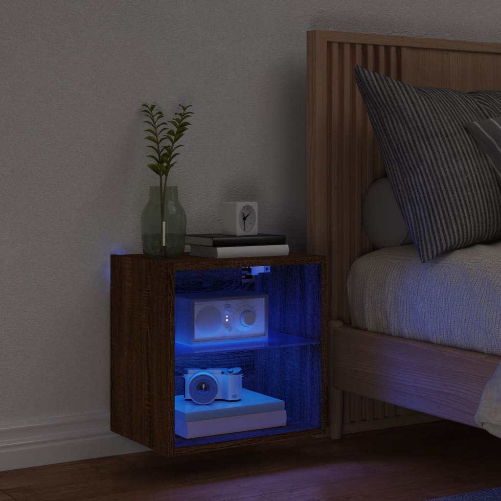 vidaXL Wand-Nachttisch mit LED-Leuchten Braun Eichen-Optik