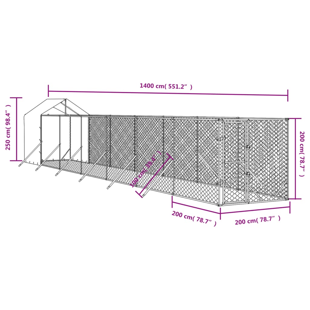 vidaXL Outdoor-Hundezwinger mit Dach Silbern 2x14x2,5 m Stahl Verzinkt