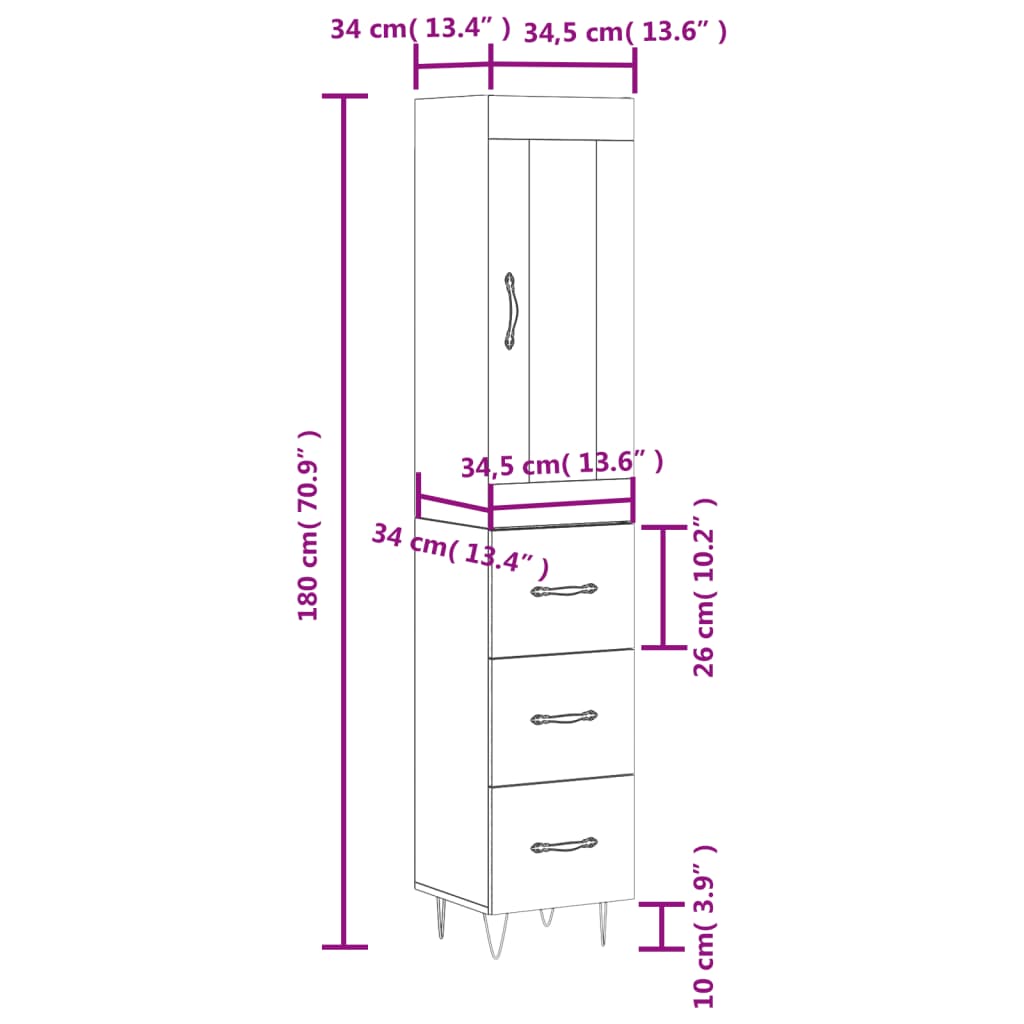 vidaXL Highboard Braun Eichen-Optik 34,5x34x180 cm Holzwerkstoff