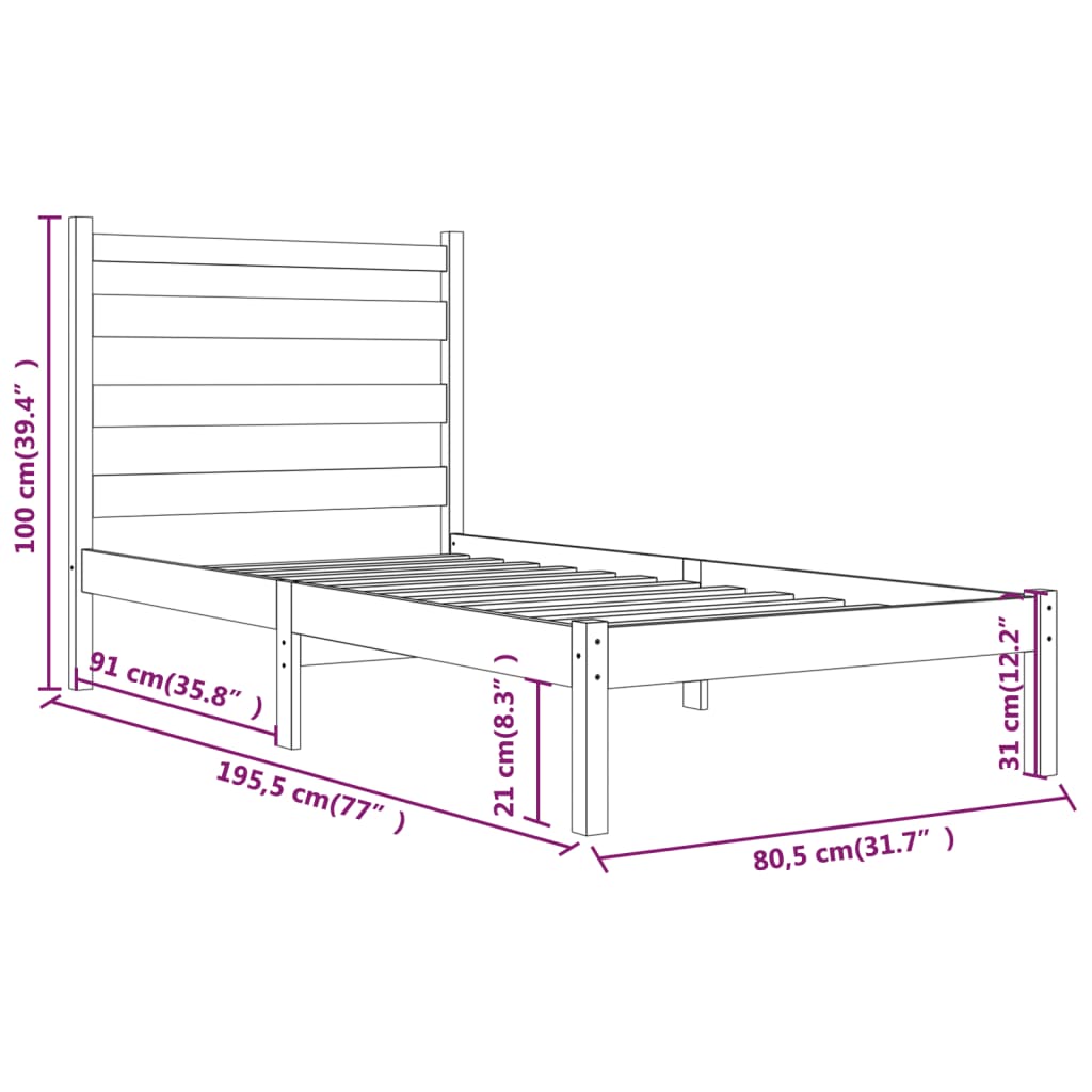 vidaXL Massivholzbett Schwarz Kiefer 75x190 cm