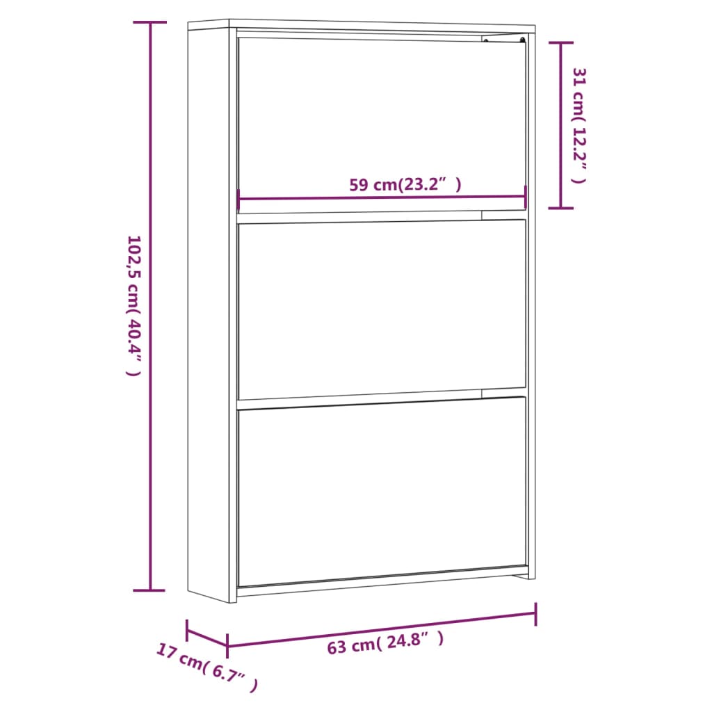 vidaXL Schuhschrank mit Spiegel 3 Fächer Räuchereiche 63x17x102,5 cm