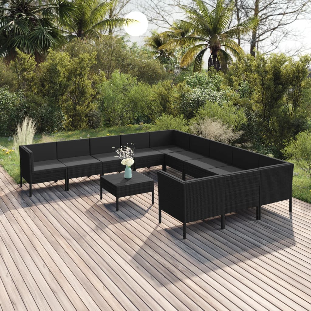 vidaXL 12-tlg. Garten-Lounge-Set mit Auflagen Poly Rattan Schwarz