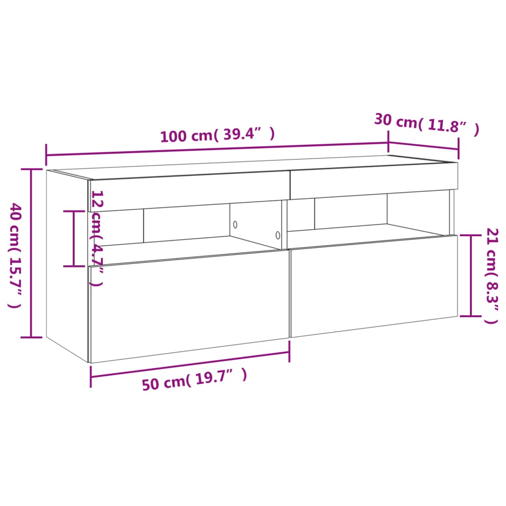 vidaXL TV-Wandschrank mit LED-Leuchten Betongrau 100x30x40 cm