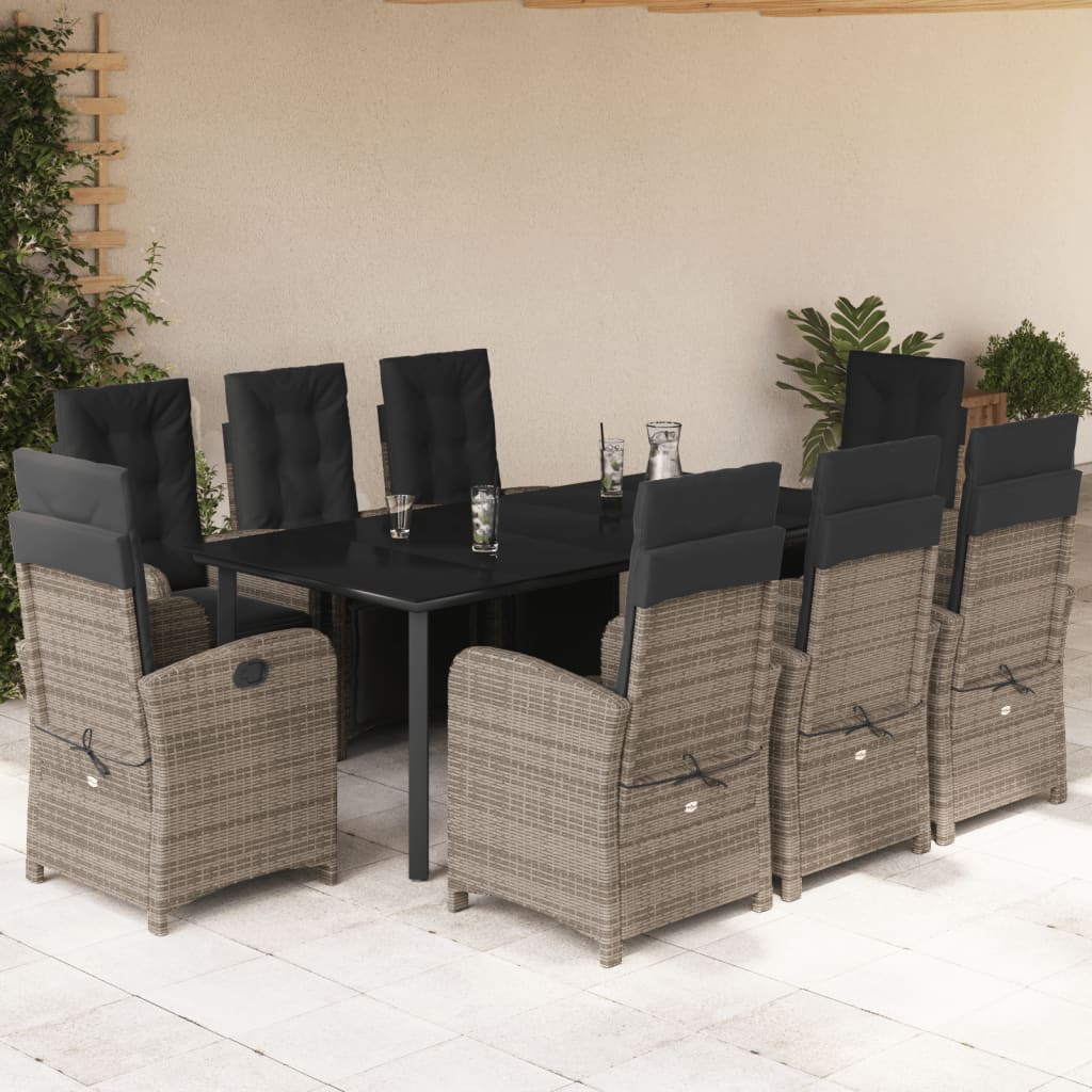 vidaXL 9-tlg. Garten-Essgruppe mit Kissen Grau Poly Rattan