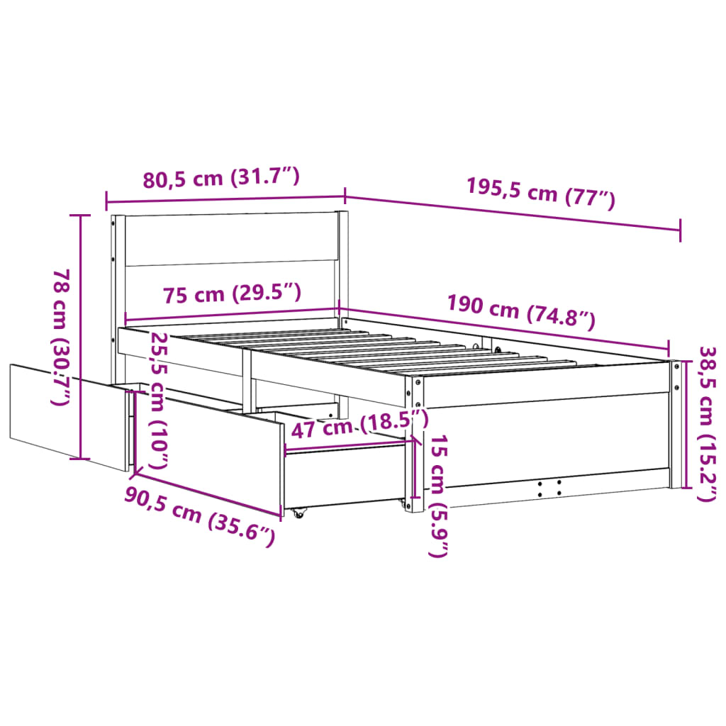 vidaXL Massivholzbett ohne Matratze Weiß 75x190 cm Kiefernholz