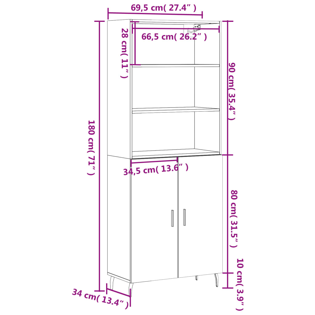 vidaXL Highboard Betongrau 69,5x34x180 cm Holzwerkstoff