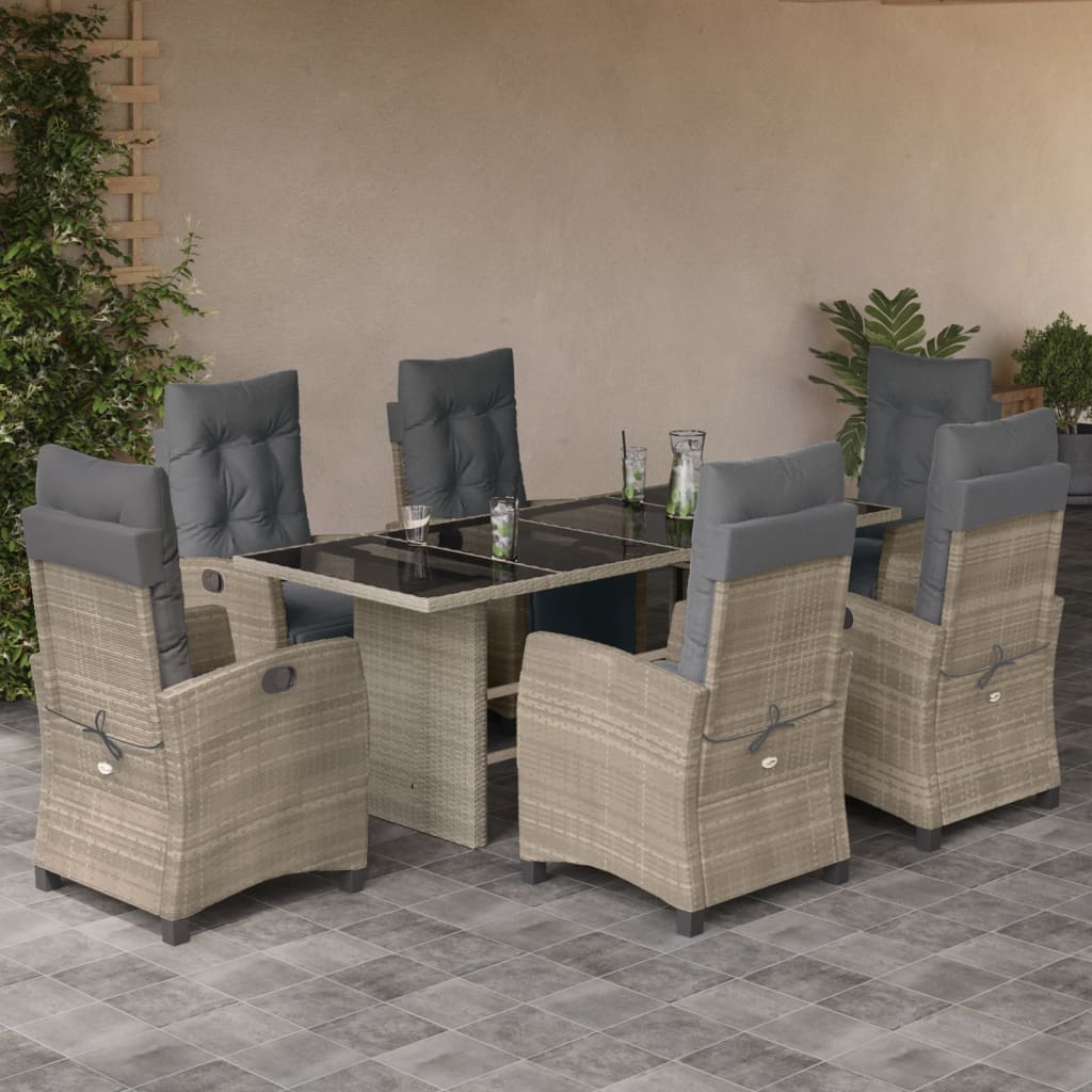 vidaXL 7-tlg. Garten-Essgruppe mit Kissen Hellgrau Poly Rattan